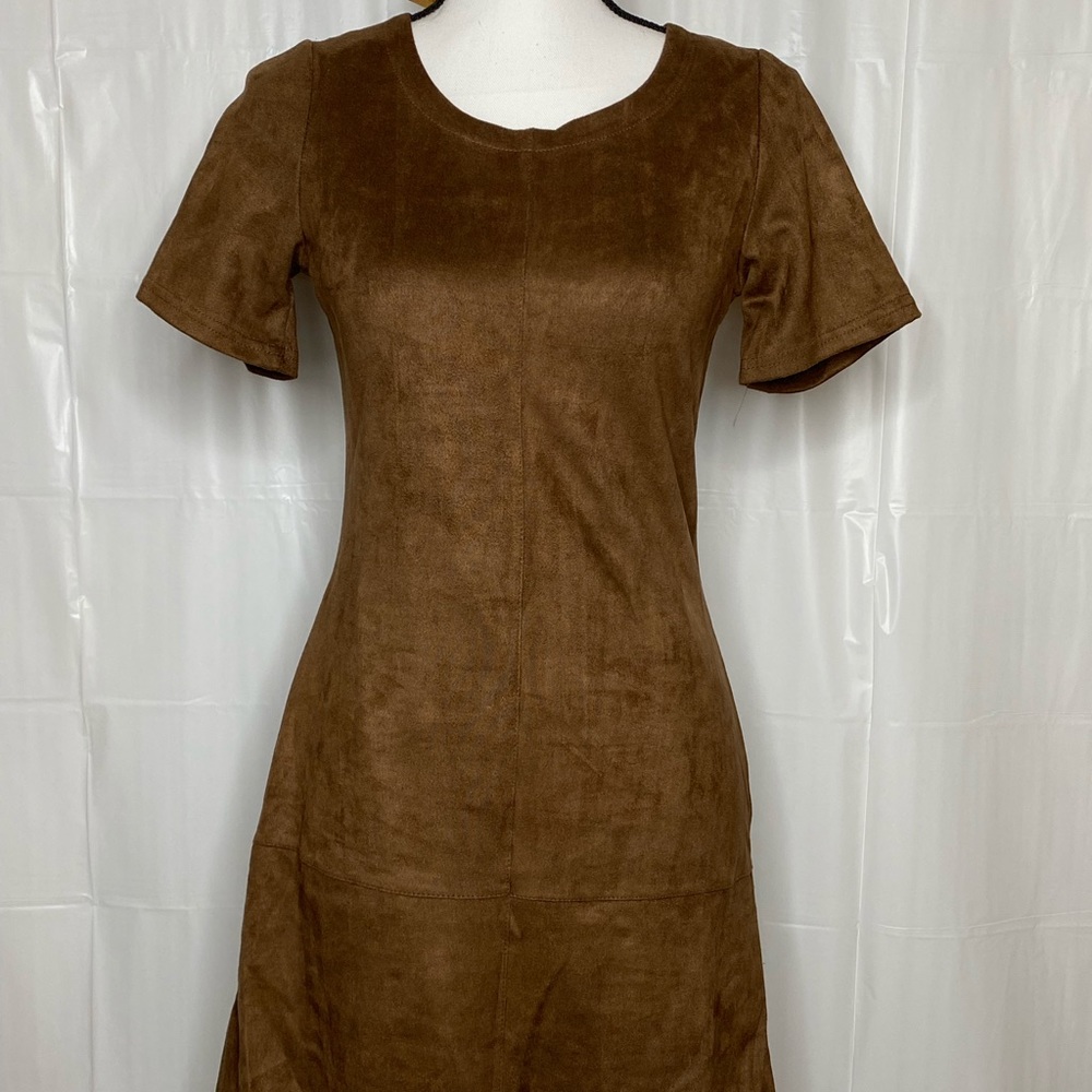 Women's Paper Crane Dress Faux Suede Short Sleeve Brown Zip up Back NWT